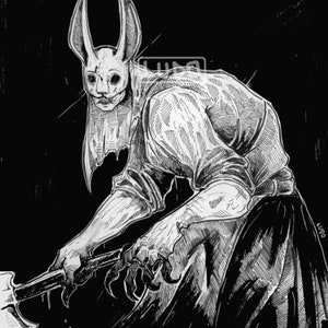 May include: A black and white ink-style illustration of a hunched figure wearing a rabbit mask with long ears and dark eye sockets. The figure has clawed hands and holds a large axe. The artwork features cross-hatching and the text LUDO.