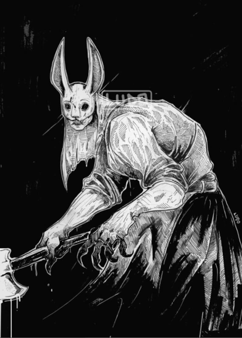 May include: A black and white ink-style illustration of a hunched figure wearing a rabbit mask with long ears and dark eye sockets. The figure has clawed hands and holds a large axe. The artwork features cross-hatching and the text LUDO.