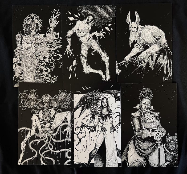 May include: A collection of six black and white rectangular art prints featuring detailed ink illustrations. The images depict various figures including a robed entity, a floating spectral form, a rabbit-headed creature, a skeletal being, a bird-human hybrid, and a person with a dog.