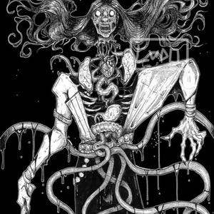 May include: A black and white ink illustration of a skeletal figure with long flowing hair, exposed internal organs, and a heart visible in the chest cavity. The figure has elongated limbs, claw-like hands, and long tentacles extending from the torso.