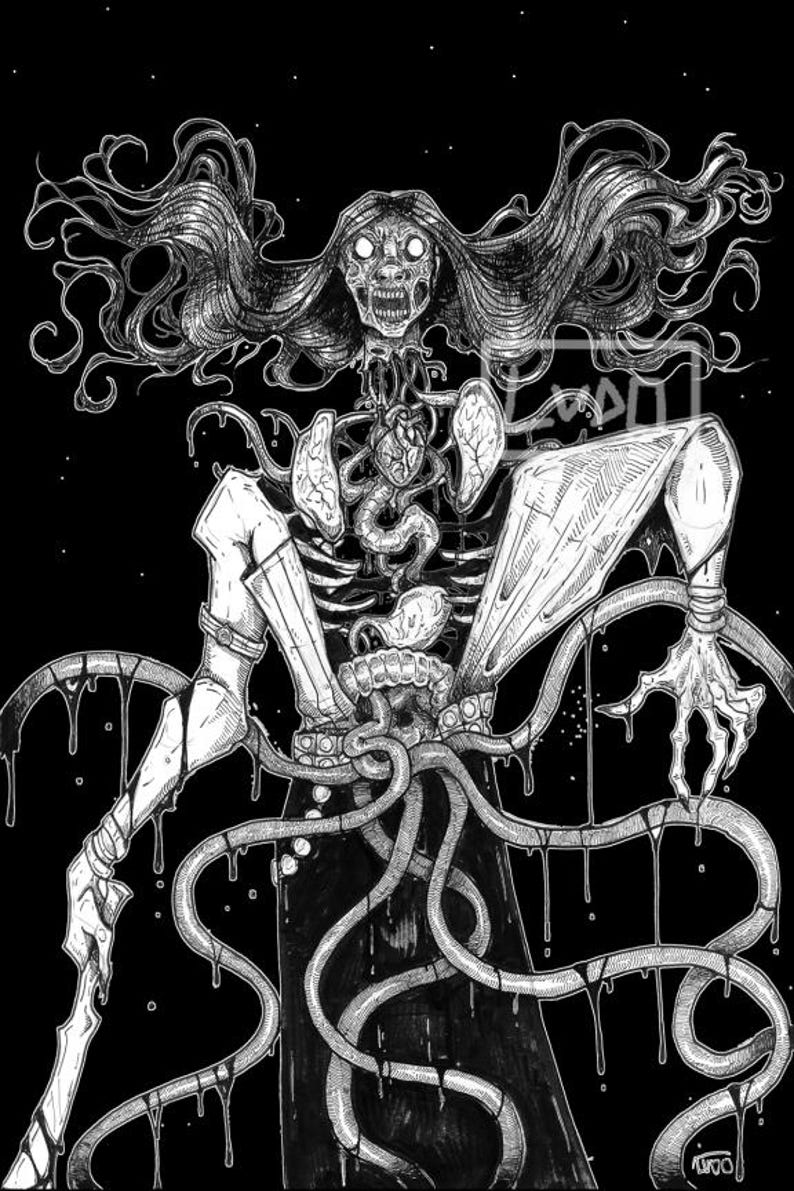 May include: A black and white ink illustration of a skeletal figure with long flowing hair, exposed internal organs, and a heart visible in the chest cavity. The figure has elongated limbs, claw-like hands, and long tentacles extending from the torso.