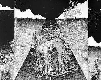 Peut inclure: Illustration en noir et blanc d'une créature ressemblant à un chien avec plusieurs pattes marchant sur une route. La créature est entourée de fumée et la route est bordée de montagnes au loin.