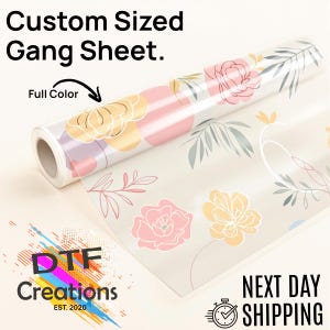 May include: A roll of clear vinyl with a floral pattern in pink, yellow, and grey. The vinyl is labelled "Full Color" and "Custom Sized Gang Sheet".