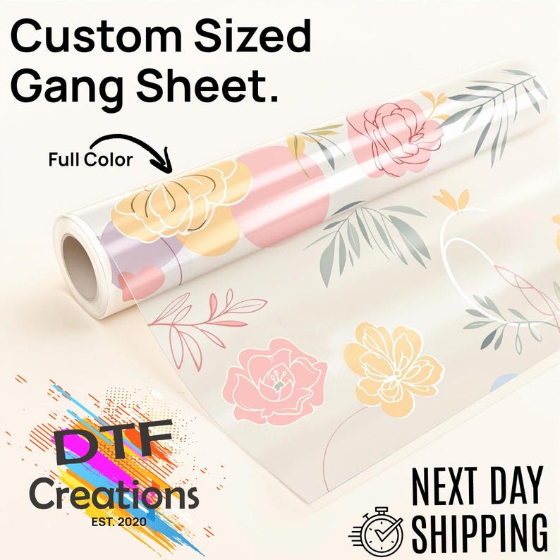 May include: A roll of clear vinyl with a floral pattern in pink, yellow, and grey. The vinyl is labelled "Full Color" and "Custom Sized Gang Sheet".