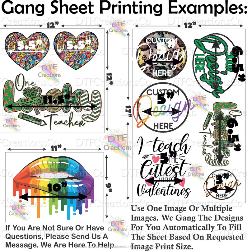 May include: Examples of designs for gang sheet printing. The designs include a heart with a 5.5 inch diameter, a heart with a 6.5 inch diameter, a circle with a 5 inch diameter, a circle with a 3 inch diameter, a rainbow-coloured lips design with a 10 inch diameter, and a design with the text "One Lucky Teacher" with a 11.5 inch diameter. The designs are shown on a white background.