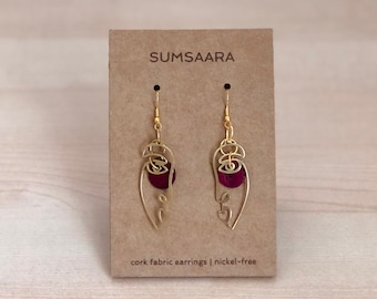 Abstract Face Earrings, Cork Fabric, Brass, Nickel-Free