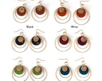 Cork Hoop Earrings, Vegan Leather Brass Dangle, Hypoallergenic, USA Handcrafted