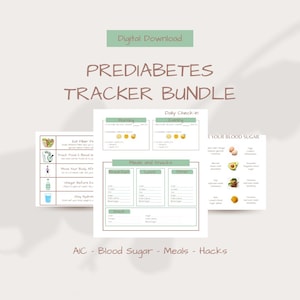Peut inclure: Un téléchargement numérique intitulé "PREDIABETES TRACKER BUNDLE" avec des sections pour le contrôle quotidien, les repas et les collations. Le pack comprend des conseils pour suivre l'alimentation, la glycémie et la planification des repas. Le texte "AIC - Blood Sugar - Meals - Hacks" est également présent.