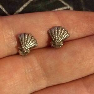 May include: A pair of silver seashell stud earrings. The earrings are small and delicate, with a detailed design.