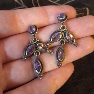 Faceted dangling amethyst and sterling silver earrings, marquise navette shaped cluster