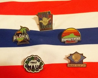 Vintage 80s badgeworks Hawaii enamel souvenir pins- Maui, surfing, Hang Loose, Waikiki Beach, Aloha, Diamond Head, sold seperately