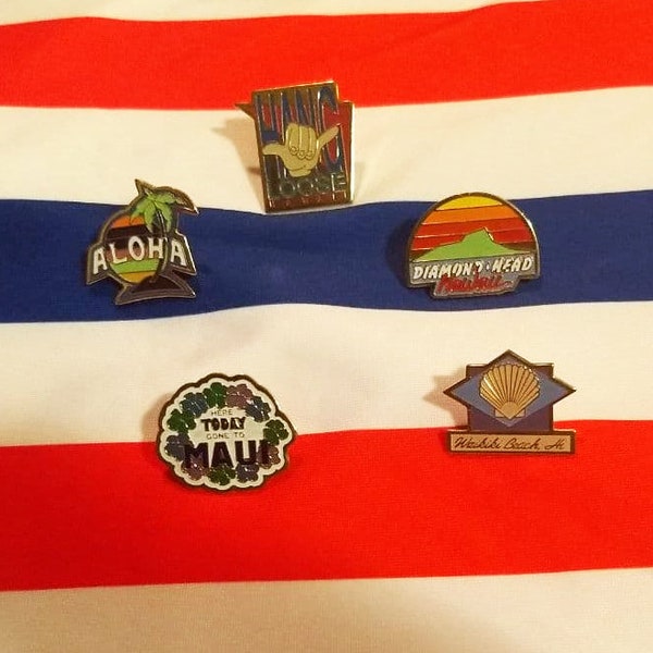 Vintage 80s badgeworks Hawaii enamel souvenir pins- Maui, surfing, Hang Loose, Waikiki Beach, Aloha, Diamond Head, sold seperately