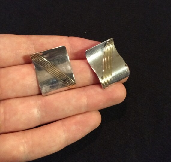 Curved geometric rectangular sterling silver stud… - image 1