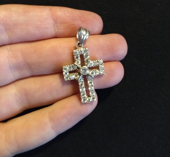 Tiny sterling silver rhinestone cross vintage pen… - image 3