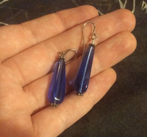 Sterling silver and blue glass raindrop bead earr… - image 2