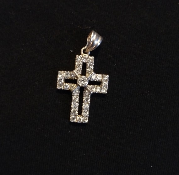 Tiny sterling silver rhinestone cross vintage pen… - image 1