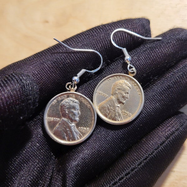 Upcycled silvertone penny dangle earrings, vintage costume jewelry, earrings