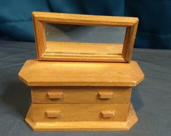 Miniature dollhouse light brown wooden dresser with mirror