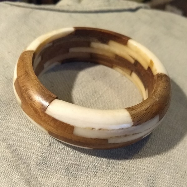 Layered wood and bone cuff bracelet 7 1/2"