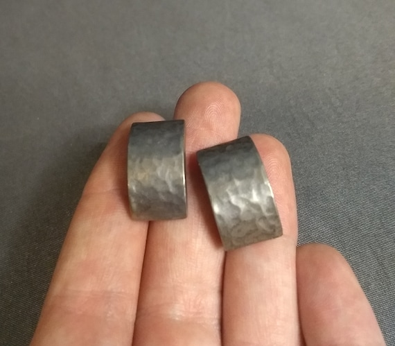 Curved rectangular hammered sterling silver stud … - image 1