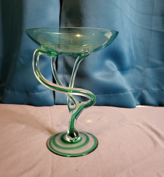 KROSNO Jozefina Pedestal Bowl Green Art Glass With Swirled