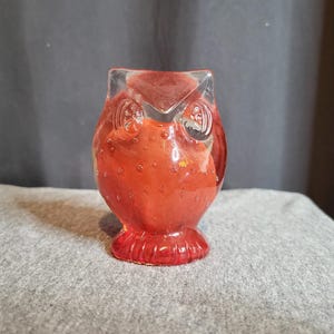 Vintage red and translucent blown glass owl figurine with controlled bubbles