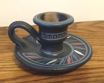 Black blue striped earthenware terracotta candle holder handpainted vintage southwestern