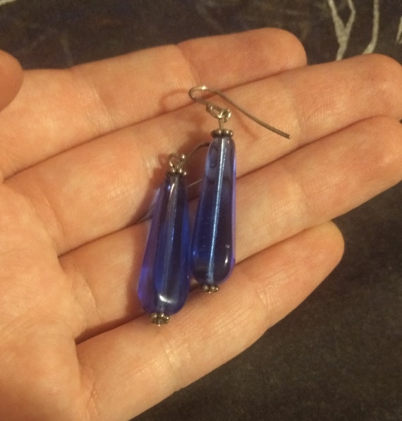 Sterling silver and blue glass raindrop bead earr… - image 1