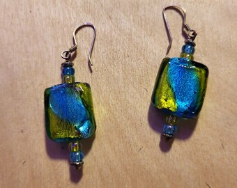 Sterling silver and dichroic blue and green glass earrings