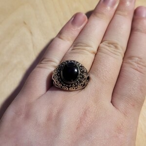 Sterling Silver Black Obsidian Domed Ring - Swirl Design, US Size 8 1/4