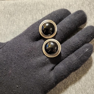 Large round sterling silver clip-on black obsidian knob earrings