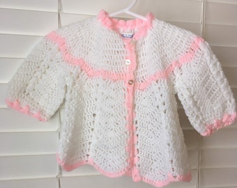 vintage HANDMADE department store white pink baby girl CARDIGAN 1980s