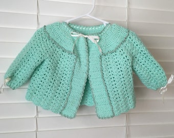 vintage HANDMADE mint green metallic bow baby girl CARDIGAN 1980s