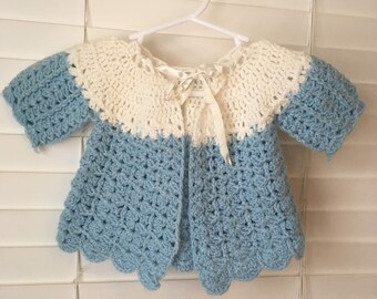 vintage HANDMADE white blue colorblocked baby girl CARDIGAN 1980s