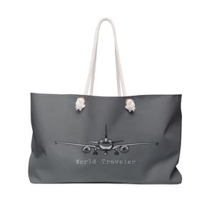 World Traveler Perfect Weekender, Airplane Tote, Dark Gray Beach Bag, overnight Duffel, Grocery Tote, Double-sided Graphic, Getaway, Travel