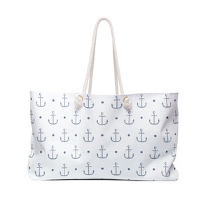 Anchors Perfect Weekender, Nautical Tote, White Beach Bag, Overnight Duffel, Grocery Tote, Double-sided Graphic, Getaway, Travel, Gift