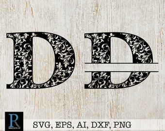Zentangle Monogram Split Initial D SVG, Split Font D SVG