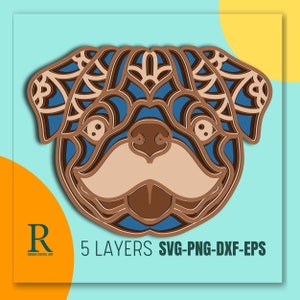 3D Layered Pug Mandala SVG: Zentangle Multilayer (5 Layers)