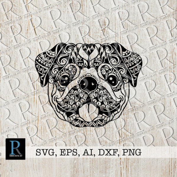 Mandala Pug SVG File for Cricut Projects and Silhouette Crafting, Zentangle Dog Design for making T shirts, mugs, coasters, single layered