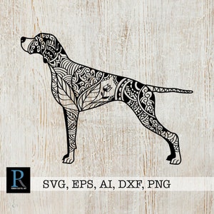 May include: Black and white silhouette of a German Shorthaired Pointer dog with intricate patterns and designs throughout the body. The dog is standing with its head turned to the left. The image is on a woodgrain background. SVG, EPS, AI, DXF, PNG.