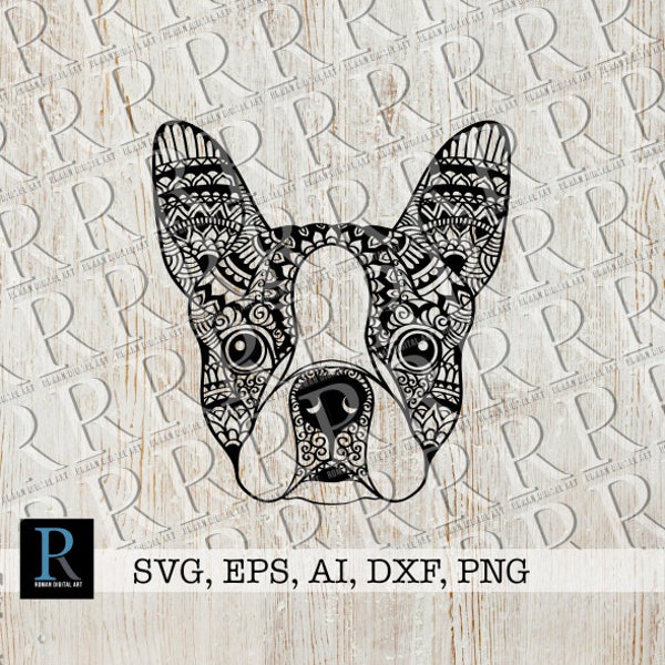 Zentangle Boston Terrier SVG, Mandala Boston Terrier SVG, Cricut SVG Cut File, Silhouette svg design, Dog Clipart, Single Layer