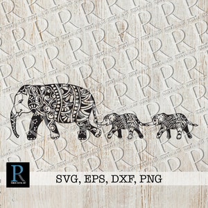 Może przedstawiać: Czarno-biały projekt cyfrowy przedstawiający trzy słonie idące w szeregu. Słonie są ozdobione skomplikowanymi wzorami.