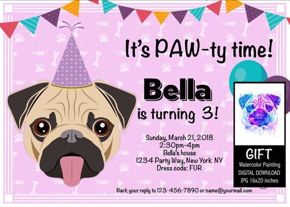 Pug Party Invitation Pug Birthday Invitation Digital Files Etsy