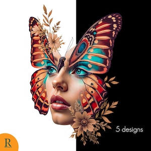 Schmetterling Frau PNG, Fantasy Digital Art, Boho Ästhetik, surreales Porträt, Sublimationsdesign für Drucke und Kleidung