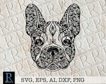 Op de afbeelding: Zwart-witte digitale illustratie van de kop van een Franse Bulldog met ingewikkelde mandala-achtige patronen.