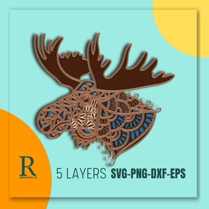 Moose Mandala SVG: 3D Layered Zentangle (5 Layers)