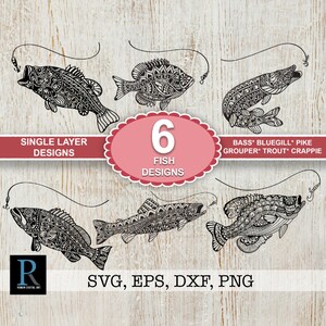 Mandala Fish SVG Bundle: Bass, Grouper, Crappie, Pike, Trout, Bluegill (Single Layer)