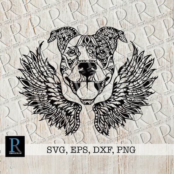 Mandala Pit Bull SVG, Pet Loss Angel Wings SVG Design, Design for Cricut and Silhouette cutting machines, single layered