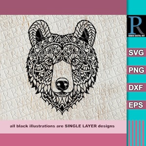 Bear Mandala SVG: Zentangle Clipart, Single Layer Design