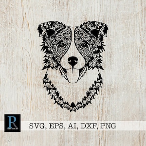 May include: Black and white digital illustration of a border collie dog's head with intricate mandala patterns. The dog's face is smiling and has a playful expression.  SVG, EPS, AI, DXF, PNG.